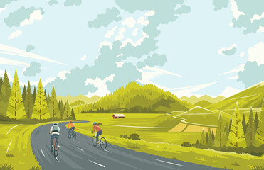 Cyclists on the road. A warm summer day. Walkers riding bicycles on the roads. People riding on the roads. Cycling through beautiful scenery. The expanse of nature. Vector illustration. EPS 10