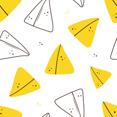 Doodle and outlined style samosa, indian baked savory pastry and dots vector seamless pattern background.