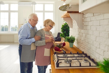 Happy senior couple in aprons cooking healthy vegetarian meal at home. Mature husband helping his wife to make lunch standing at wooden countertop with gas hob in kitchen with white brick wall