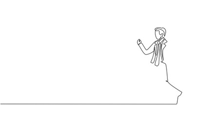 Poster - Self drawing animation of single one line draw young business man walking on the street to go to his office. Business time discipline metaphor concept. Continuous line draw. Full length animated.