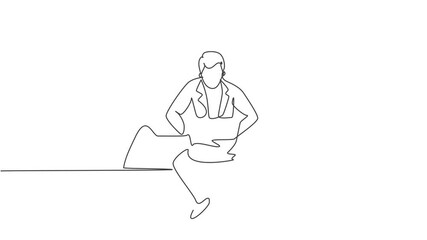 Poster - Self drawing animation of single one line draw young business man sitting on sofa while typing business proposal on laptop. Manager preparing work concept. Continuous line draw. Full length animated.