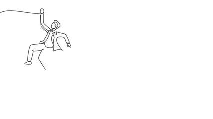 Poster - Animated self drawing of continuous one line draw young male worker swinging on the rope to reach up his goals. Business challenge of entrepreneur minimalist concept. Full length single line animation