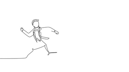 Poster - Self drawing animation of single one line draw young business man running chased by work deadline. Business time discipline metaphor concept. Continuous line draw. Full length animated illustration.