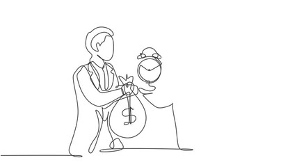 Poster - Animated self drawing of continuous one line draw two young male workers exchange money bag, analog alarm clock. Time management business barter minimalist concept. Full length single line animation.