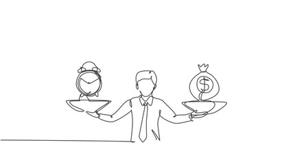 Poster - Animated self drawing of single continuous line draw young business man weight money bag and analog clock with scale. Minimalism metaphor business deadline concept. Full length one line animation.