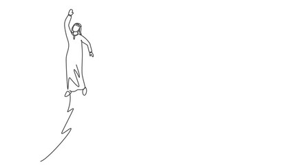 Poster - Animated self drawing of single continuous line draw young Arab business man flying high into sky to reach big goals. Big vision of business target minimalist concept. Full length one line animation.