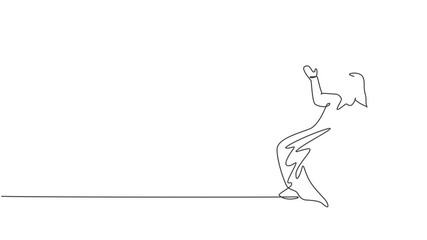 Poster - Self drawing animation of single one line draw young Arabian business man dancing on the street. Happy with his business challenge minimal metaphor concept. Continuous line draw. Full length animated.