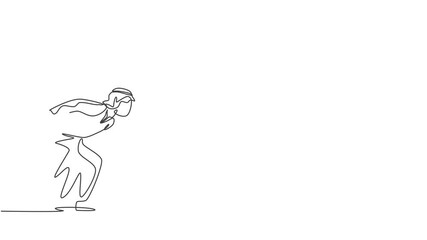 Poster - Self drawing animation of single one line draw of young Arabian business man bent over because work overload. Business time discipline metaphor concept. Continuous line draw. Full length animated.