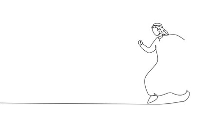 Poster - Animated self drawing of continuous one line draw young Arab male worker walking on the street to go to his office. Business time discipline metaphor concept. Full length single line animation.