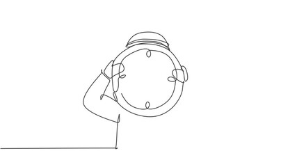 Poster - Self drawing animation of single one line draw young Arabian business man holding giant analog clock in front his head. Metaphor business deadline concept. Continuous line draw. Full length animated.