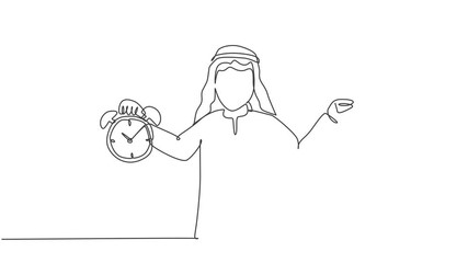 Poster - Animated self drawing of continuous one line draw young Arab male worker holding money bag, alarm clock with his hands. Minimalism metaphor business deadline concept. Full length single line animation