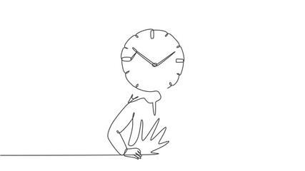 Poster - Self drawing animation of single one line draw young Arabian business man with analog clock head at the office. Business time discipline metaphor concept. Continuous line draw. Full length animated.