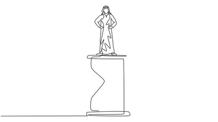 Poster - Animated self drawing of single continuous line draw young Arab business man standing above hourglass. Sandglass to show time management business minimalist concept. Full length one line animation.