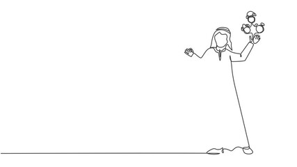 Poster - Animated self drawing of continuous one line draw young Arab male worker juggling alarm analog clock with his hand. Business time discipline metaphor concept. Full length single line animation.