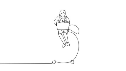 Poster - Animated self drawing of single continuous line draw young business woman sitting on big analog alarm clock, typing on laptop. Business time discipline metaphor concept. Full length one line animation