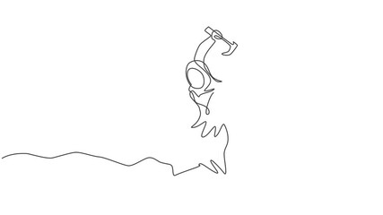 Poster - Animated self drawing of continuous one line draw young Arab female worker digging treasure on the street with hammer. Getting a new business idea minimalist concept. Full length single line animation