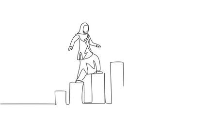 Poster - Animated self drawing of continuous one line draw young Arab female worker walking on the graph bar to reach alarm clock. Business time discipline metaphor concept. Full length single line animation.