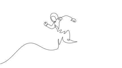 Poster - Animated self drawing of continuous one line draw young Arab female worker jumping high to the sky. Success business manager. Minimalist metaphor concept. Full length single line animation.