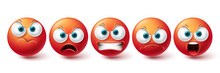 Smiley Angry Face Vector Set. Smileys Emoticon Mad, Evil, Angry And Cruel Red Icon Collection Isolated In White Background For Graphic Elements Design. Vector Illustration