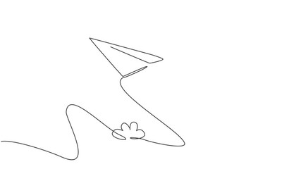 Poster - Self drawing animation of single one line draw paper plane flying high on the sky on white background. Creative origami toy concept. Continuous line draw. Full length animated illustration.