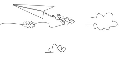 Poster - Self drawing animation of single continuous line draw young businessman jumping from top mount to reach flying paper airplane. Business metaphor concept. Minimalism one line draw. Full length animated