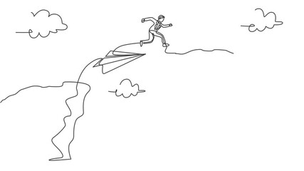 Poster - Self drawing animation of single continuous line draw businessman jumping from paper airplane to cross a mount. Businessman metaphor concept. Minimalism one line draw. Full length animated.