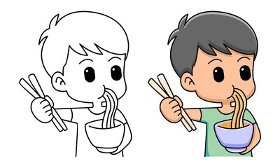 boy eat noodles coloring page for kids