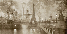 An Old Collage With The Sights Of France. The Eiffel Tower. Retro Photo Wallpaper. Cities In Europe.