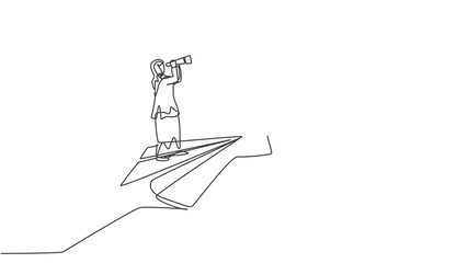 Poster - Animation of single one line drawing Arabian businesswoman analyze profit growth while flying with paper airplane. Business financial concept. Continuous line self draw animated. Full length motion.