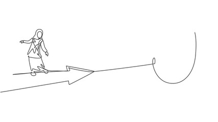 Poster - Self drawing animation of single one line draw young Arabian businesswoman riding forward arrow to goal target. Business financial growth minimal concept. Continuous line draw. Full length animated