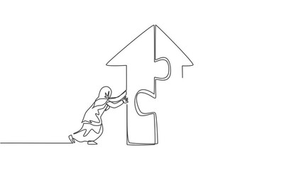 Poster - Animated self drawing of continuous one line draw two young Arabic female workers pushing puzzle to unite up arrow building. Success teamwork minimalist concept. Full length single line animation.
