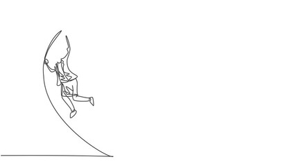 Poster - animated self drawing of single continuous line draw young female manager pole vault jumping high to