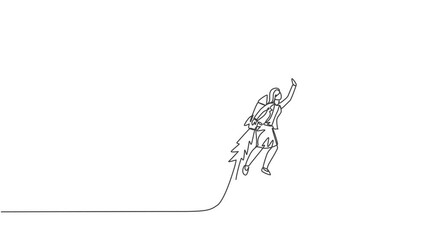 Poster - Animated self drawing of continuous one line draw young female worker flying high using jetpack holding up arrow. Success business growth minimalist concept. Full length single line animation.