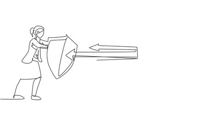 Poster - Animated self drawing of continuous one line draw young female worker holding metal shield to protect from arrow attack. Success business manager minimalist concept. Full length single line animation.