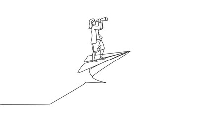 Poster - Animated self drawing of single continuous line draw young female manager flying with paper aircraft to top up arrow. Sales growth progress graph. Minimalism concept. Full length one line animation.