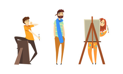 Wall Mural - People of Creative Professions Set, Sculptor and Artist Working on Masterpieces Cartoon Vector Illustration