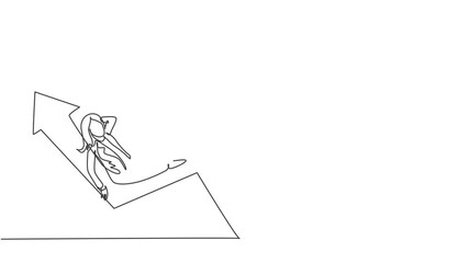 Poster - Self drawing animation of single one line draw female investor sleeping relax on up arrow symbol enjoying life. Business investment minimal concept. Modern continuous line draw. Full length animated.