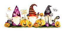 Watercolor Hand Drawn Halloween Gnome Banner
