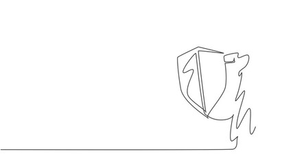 Poster - Self drawing animation of single one line draw young Arabian male entrepreneur holding metal shield protect from threat. Business resilience minimal concept. Continuous line draw. Full length animated