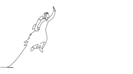 Poster - Animated self drawing of continuous one line draw young handsome Arab male worker flying high to the sky with jetpack. Success business manager minimalist concept. Full length single line animation.