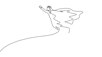 Poster - Animated self drawing of continuous one line draw young Arabian male worker superhero flying while holding briefcase. Success business manager minimalist concept. Full length single line animation.