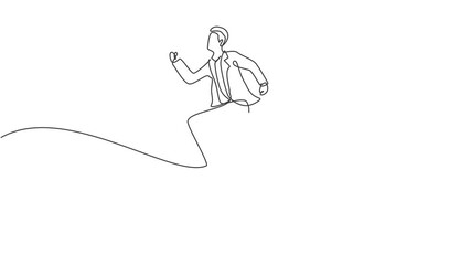 Poster - Self drawing animation of single continuous line draw young business man running fun to get to the office. Attractive professional businessman. Minimalism concept one line draw. Full length animated.