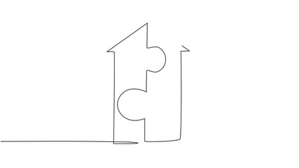 Poster - Self drawing animation of single continuous line draw up arrow shape build from piece of puzzles. Teamwork symbol metaphor. Minimalism concept one line draw. Full length animated illustration.