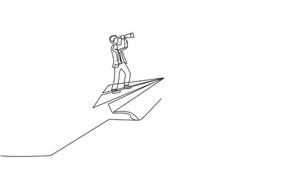 Poster - Self drawing animation of single one line draw young smart male employee fly using paper aircraft, looking forward. Business finance growth minimal concept. Continuous line draw. Full length animated.