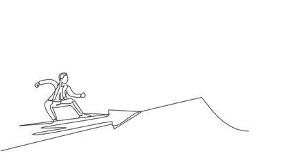 Poster - Self drawing animation of single one line draw young smart male employee fly using arrow and focus to hit target. Business finance goal minimal concept. Continuous line draw. Full length animated.