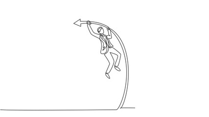 Poster - Animated self drawing of continuous one line draw young handsome male worker jumping using pole vault to reach trophy. Success business manager minimalist concept. Full length single line animation.