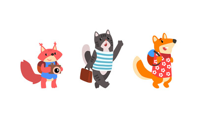 Sticker - Funny Animals Traveling on Vacation Set, Amusing Squirrel, Cat, Fox Having Summer Trip with Luggage Cartoon Vector Illustration