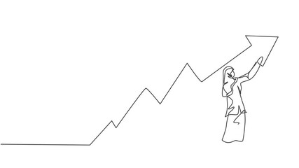 Poster - Self drawing animation of single continuous line draw young beauty Arabian female manager draw progress line graph. Professional businesswoman. Minimalism concept one line draw. Full length animated.