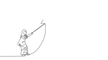 Poster - Self drawing animation of single one line draw young smart Arab business woman pulling arrow sign up symbol using rope. Business growth minimal concept. Continuous line draw. Full length animated.