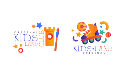 Sticker - Kids Land Original Logo Set, Playground, Game Area, Party for Children Bright Badges Flat Vector Illustration